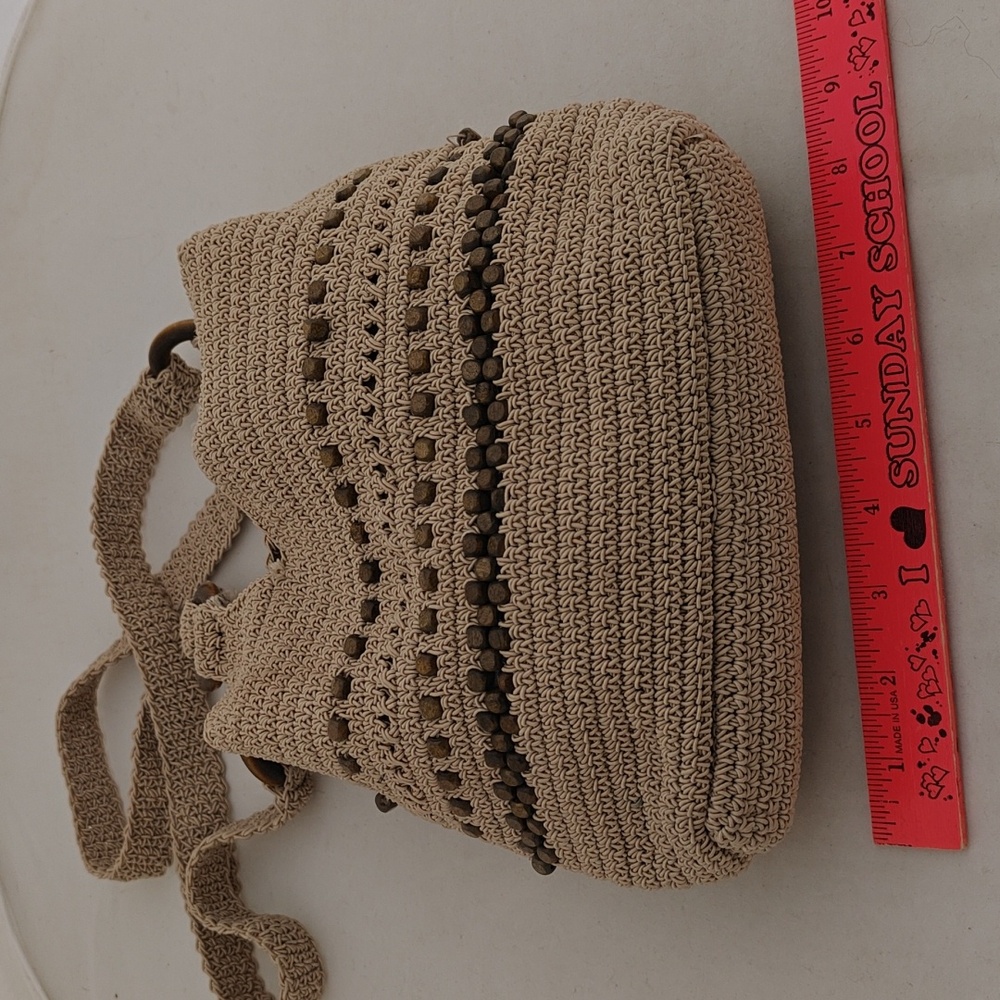 Beige Crochet Shoulder Bag with Wooden Bead Accents